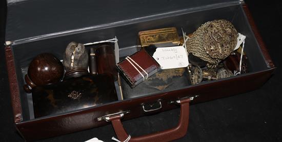 A glass scent bottle in shagreen case, a pocket sundial (cased), a bronze owl seal, a plated evening bag and sundry curios.